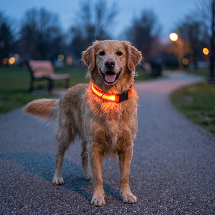 Glad golden retriever som bär ett lysande orange LED-halsband under en kvällspromenad