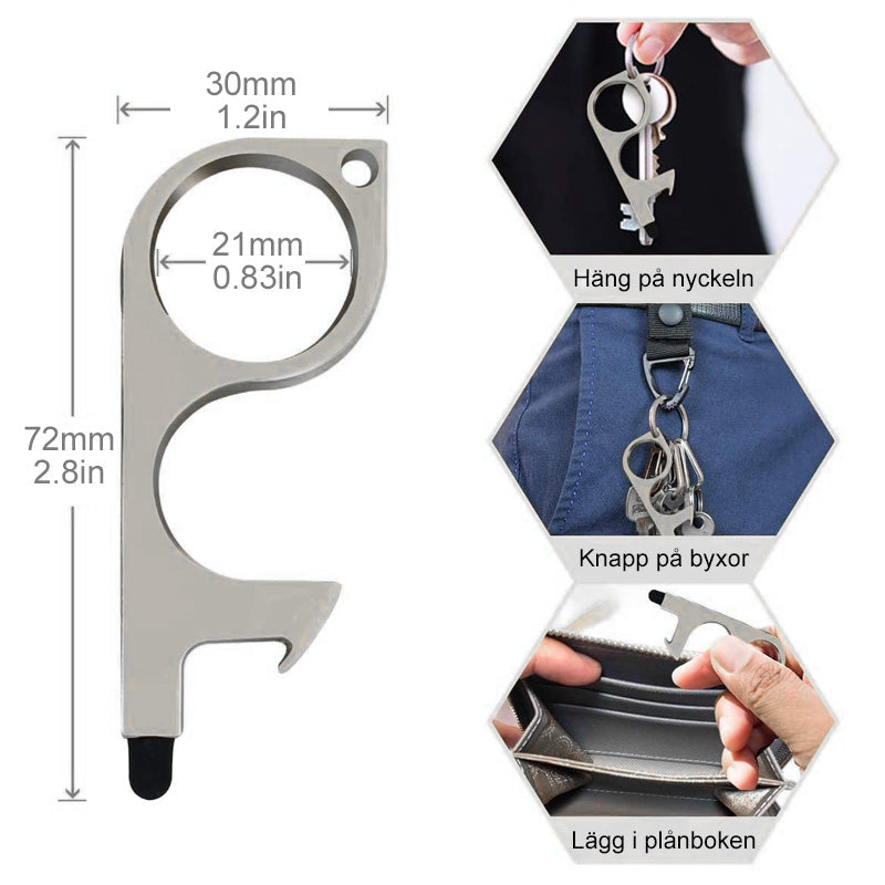 "Dörröppnare med nyckelring, kompakt design i metall. Perfekt för beröringsfri säkerhet i svart, gult eller silver."