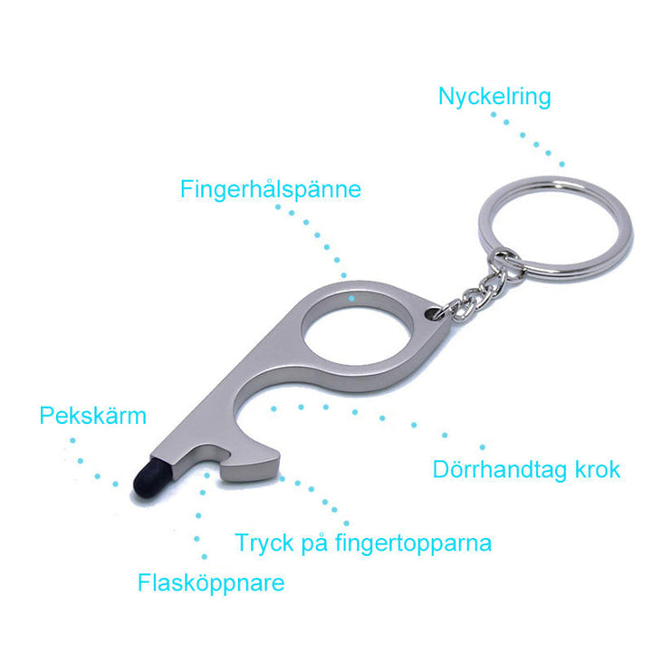 "Dörröppnare med nyckelring, kompakt design i metall. Perfekt för beröringsfri säkerhet i svart, gult eller silver."
