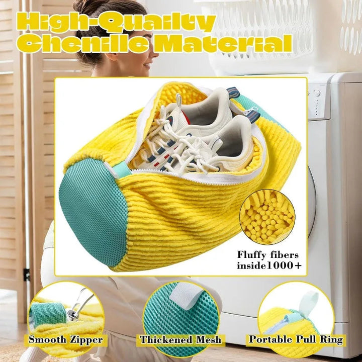 Öppen gul skotvättsbag med sneakers inuti ochdetaljer