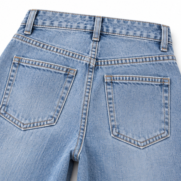 Stilrena damjeans med vida ben och hög midja uppvikta på golv
