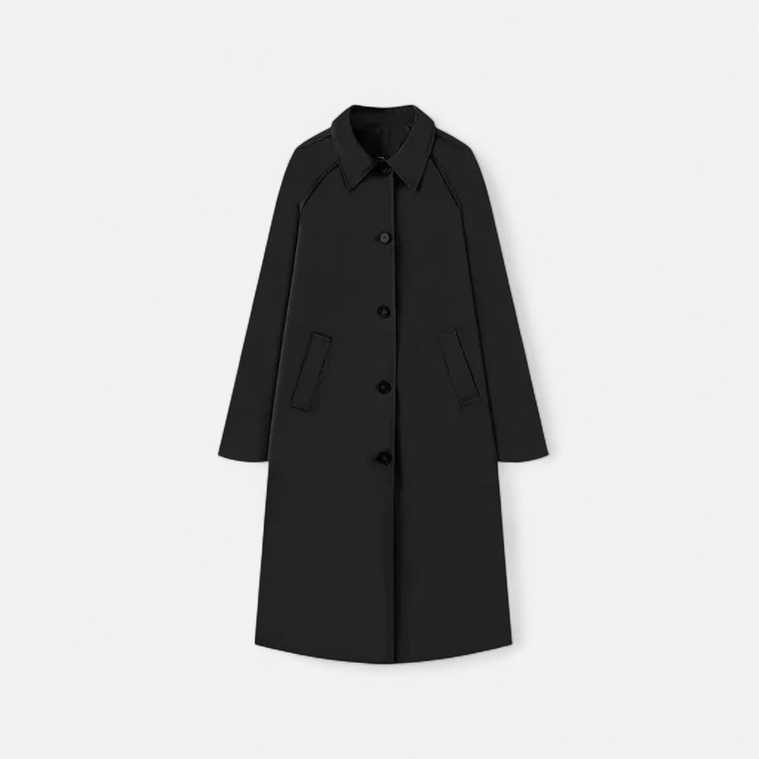 Damernas långa trench coat i retro stil, elegant dam kappa bakifrån