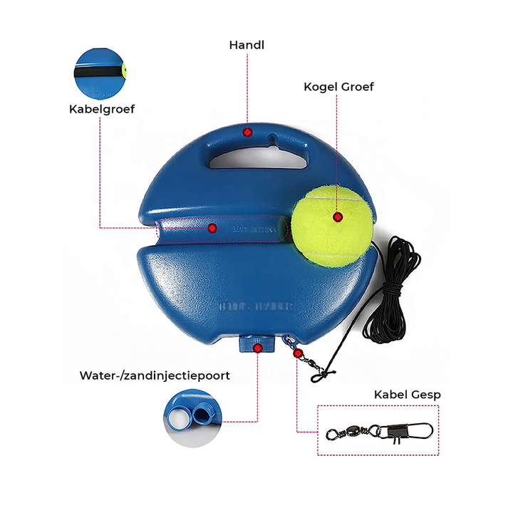 Grön tennisboll med gummiband kopplad till blå plastbas för träningsredskap