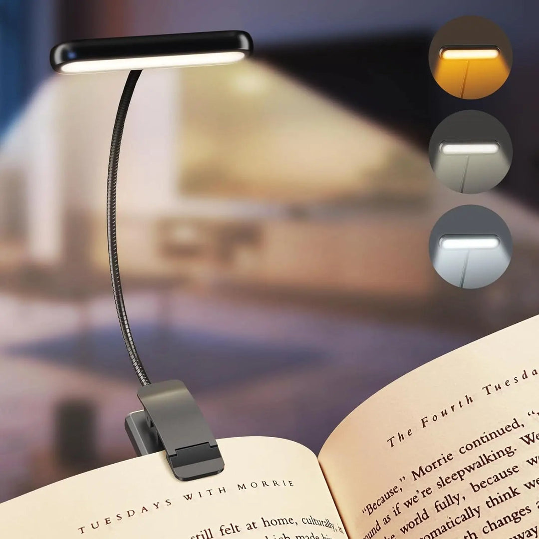 LED boklampa fastsatt på en bok med tre ljuslägen visade