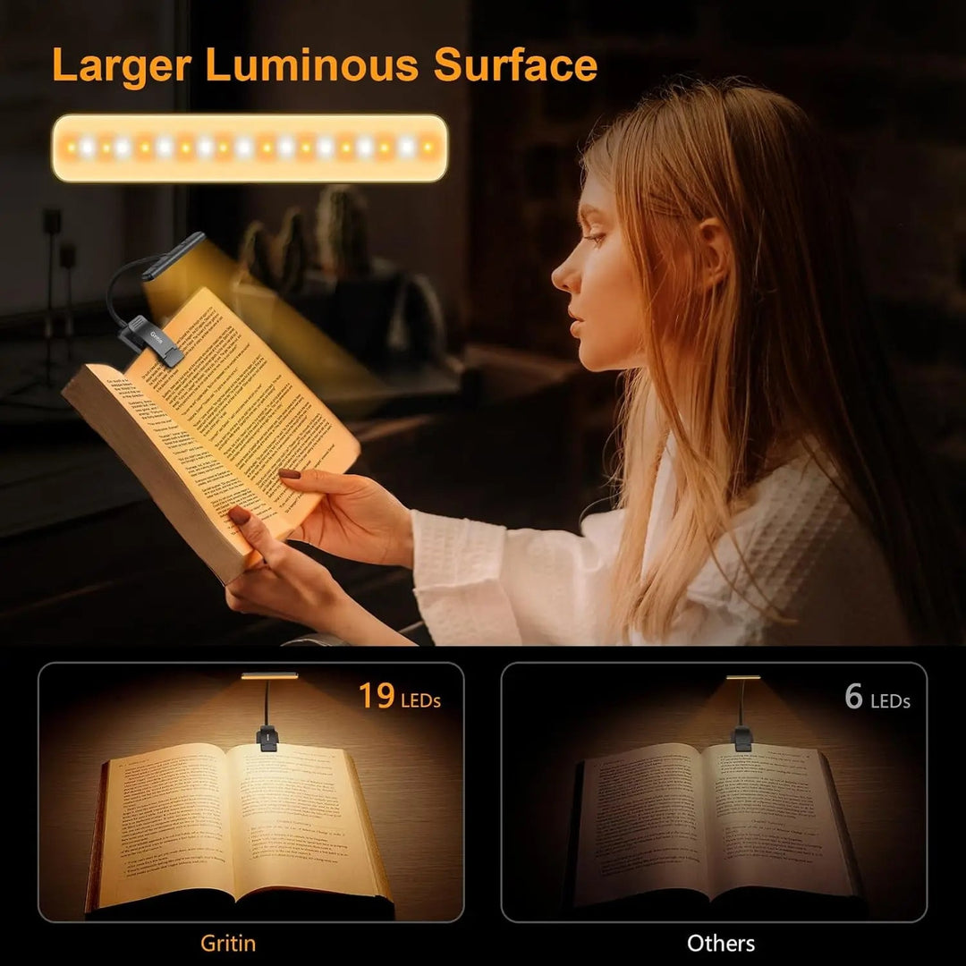 Kvinna som läser bok påkvällstid med upplyst LED lampa