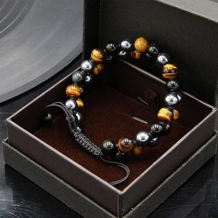 Dubbelt lager kristallarmband med tigeröga, svart obsidian och hematit för både män och kvinnor, stilrent och elegant.