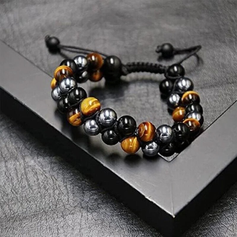 Dubbelt lager kristallarmband med tigeröga, svart obsidian och hematit för både män och kvinnor, stilrent och elegant.