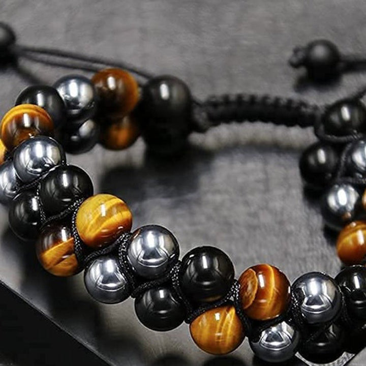 Dubbelt lager kristallarmband med tigeröga, svart obsidian och hematit för både män och kvinnor, stilrent och elegant.