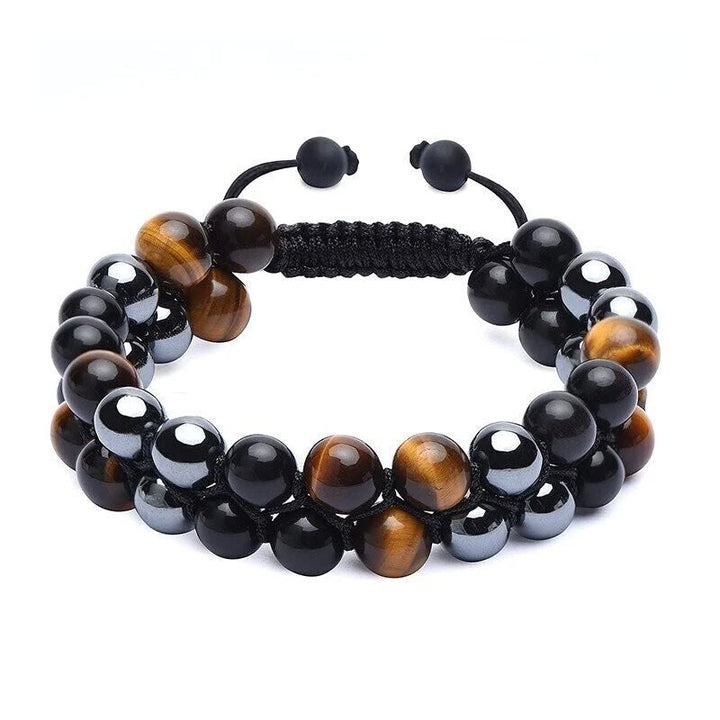 Dubbelt lager kristallarmband med tigeröga, svart obsidian och hematit för både män och kvinnor, stilrent och elegant.