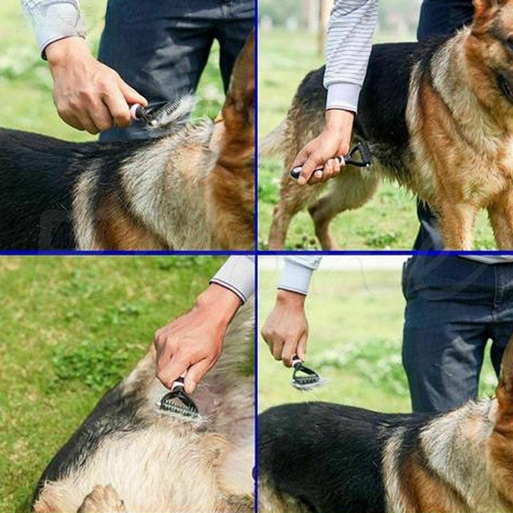 Hand som håller en dubbelsidig avknutningskam, redo för skonsam pälsvård av husdjur och grooming.