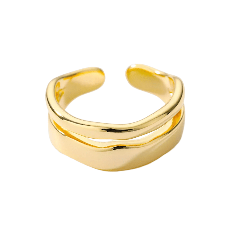 "Dubbelsidig justerbar ring för kvinnor med geometriska former, elegant design i vitguld, guld och silver."