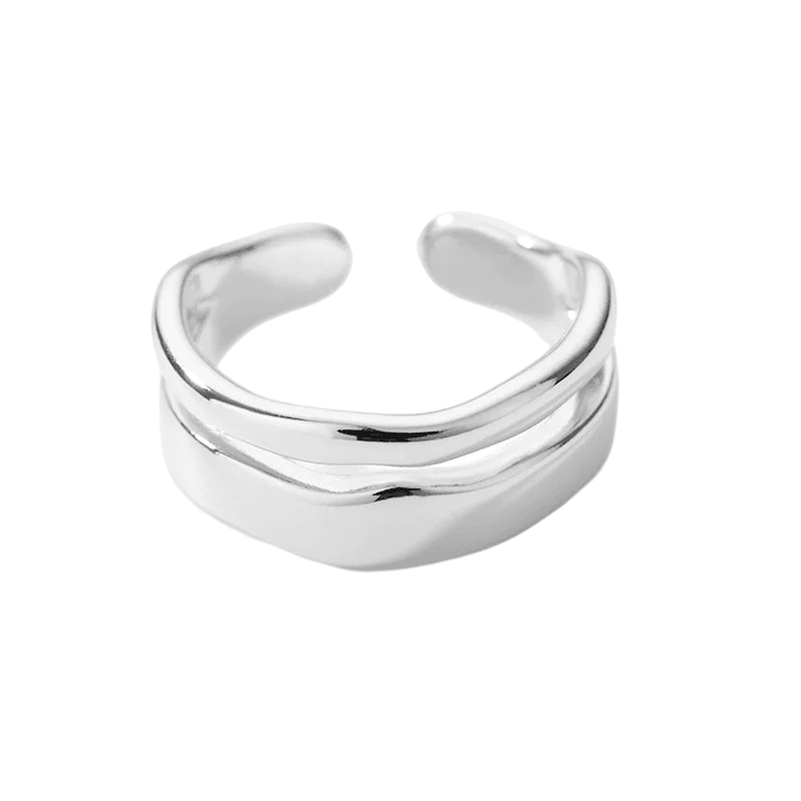 "Dubbelsidig justerbar ring för kvinnor med geometriska former, elegant design i vitguld, guld och silver."