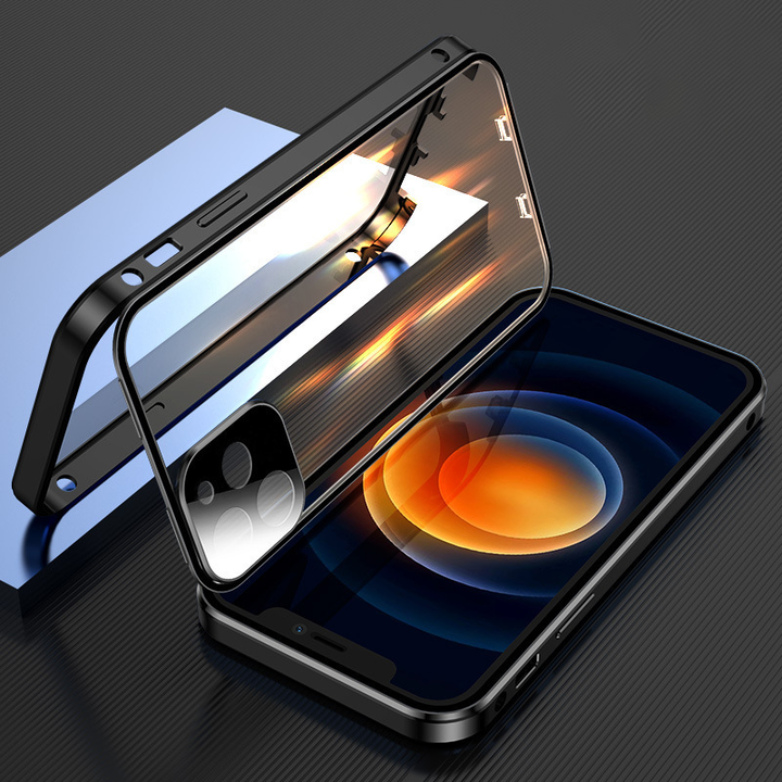 "Dubbelsidigt iPhone-fodral med glasdesign och spänne, modern och robust för säker stil och fullständigt skydd."