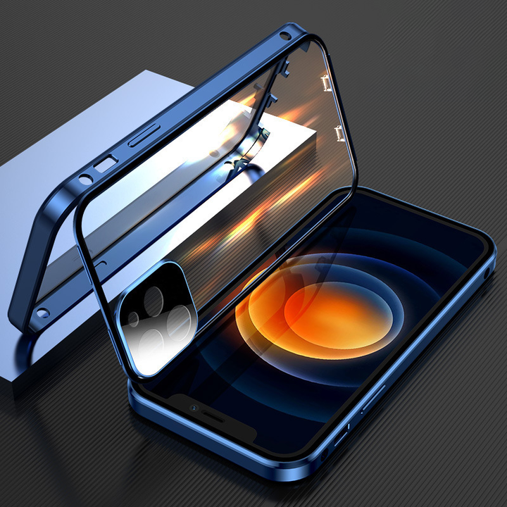 "Dubbelsidigt iPhone-fodral med glasdesign och spänne, modern och robust för säker stil och fullständigt skydd."