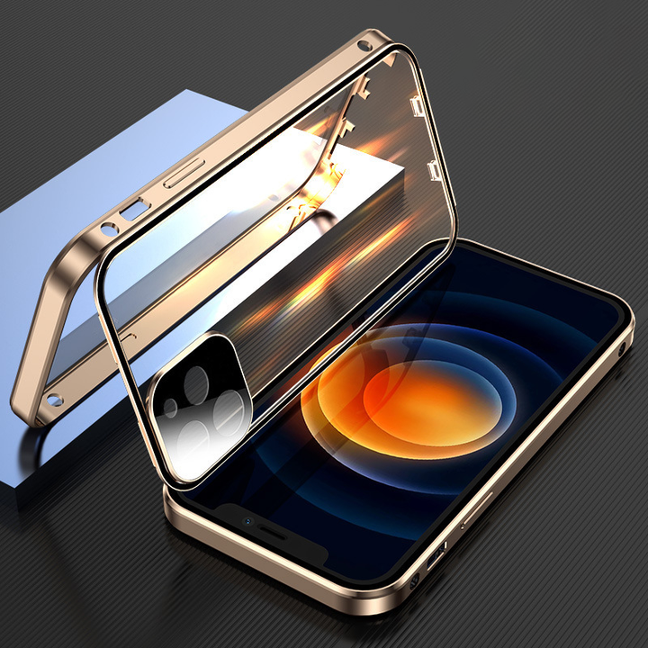 "Dubbelsidigt iPhone-fodral med glasdesign och spänne, modern och robust för säker stil och fullständigt skydd."