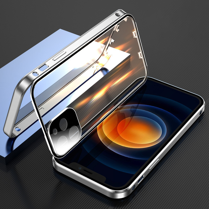 "Dubbelsidigt iPhone-fodral med glasdesign och spänne, modern och robust för säker stil och fullständigt skydd."