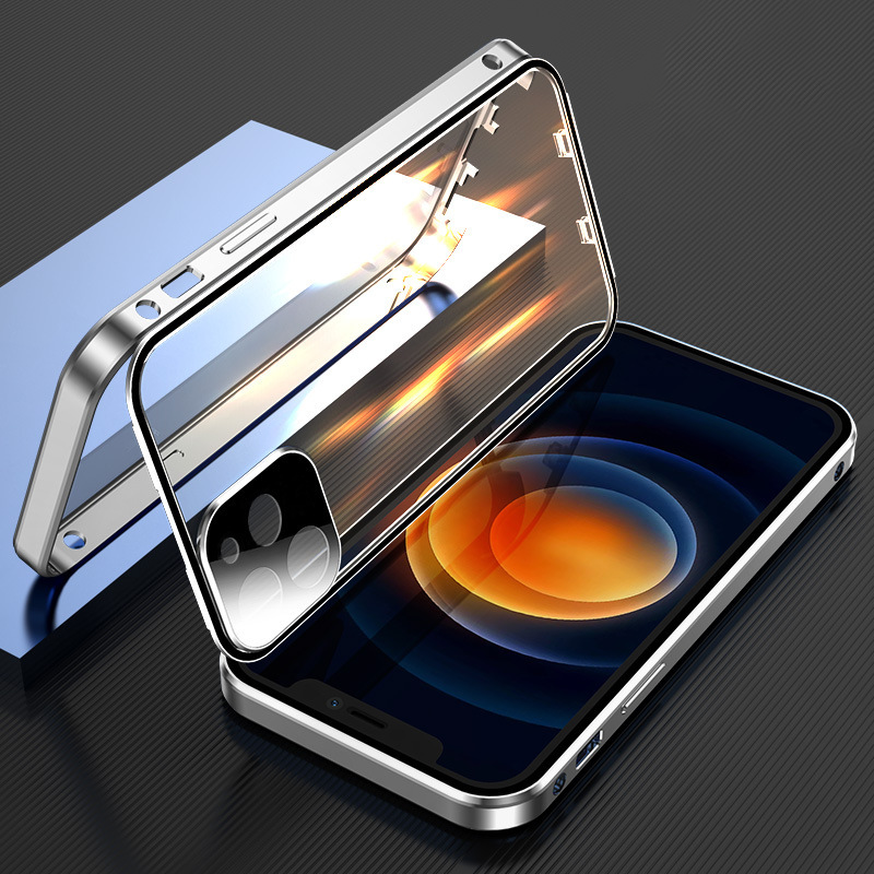 "Dubbelsidigt iPhone-fodral med glasdesign och spänne, modern och robust för säker stil och fullständigt skydd."