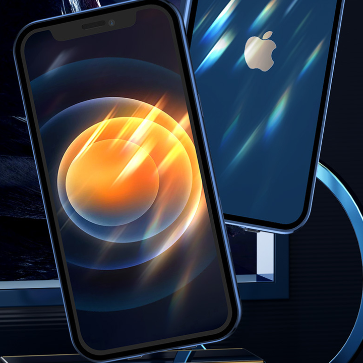 "Dubbelsidigt iPhone-fodral med glasdesign och spänne, modern och robust för säker stil och fullständigt skydd."
