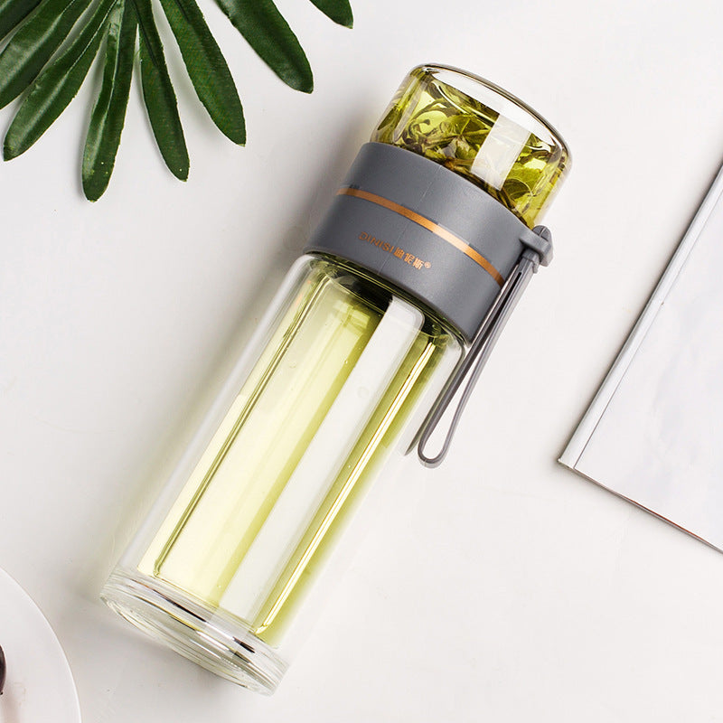 Dubbelväggig vattenflaska i glas med filter för te eller frukt. Håller kylan/värmen effektivt.