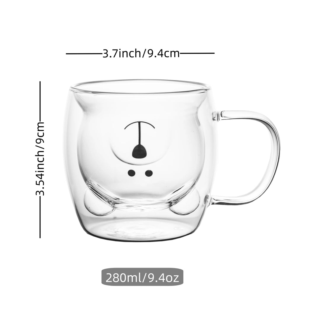 Björnmotiv glasmugg, dubbelväggig design för både varmt kaffe och kallt iskaffe.