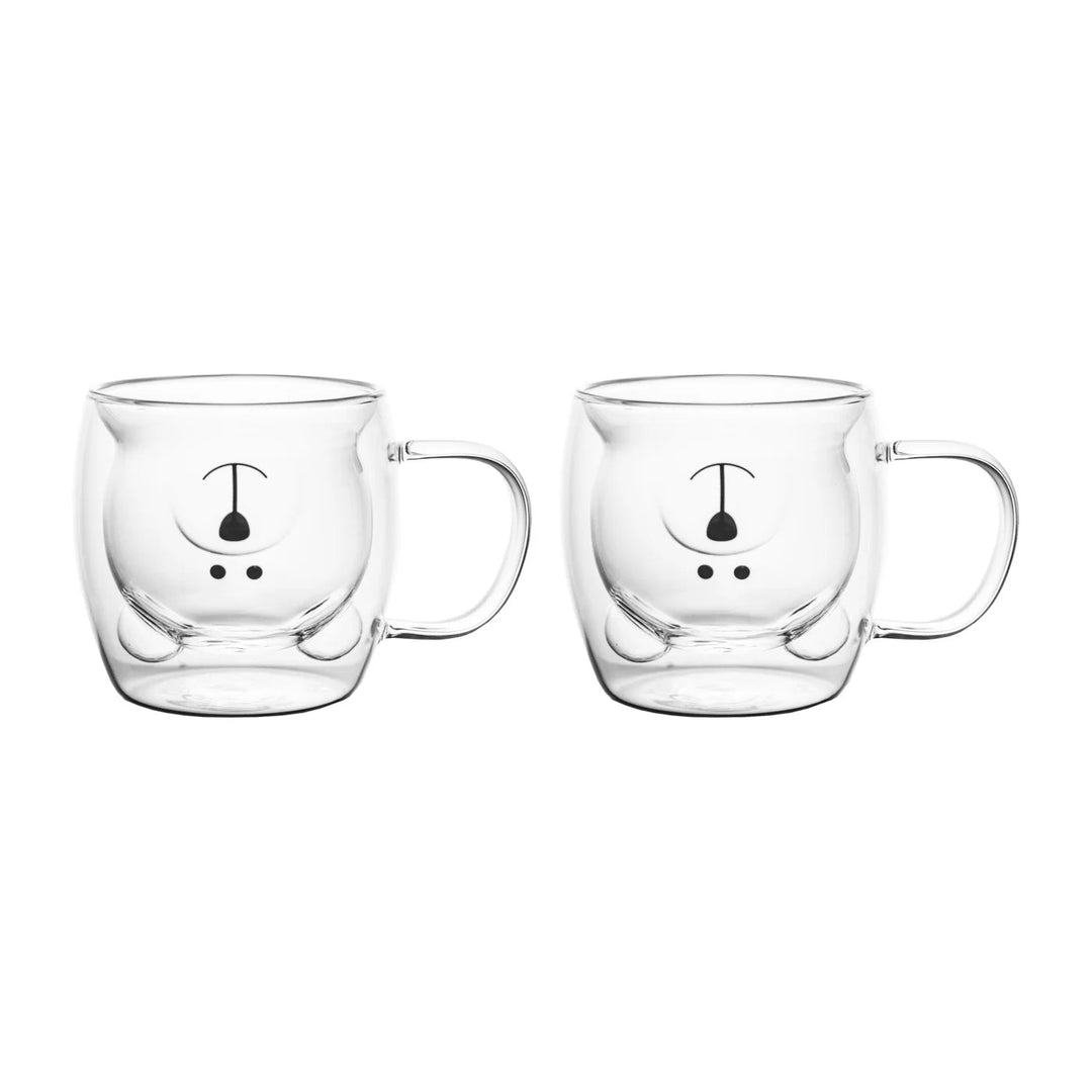 Elegant dubbelväggig kaffemugg av borosilikatglas med lekfullt björnmotiv för iskaffe.