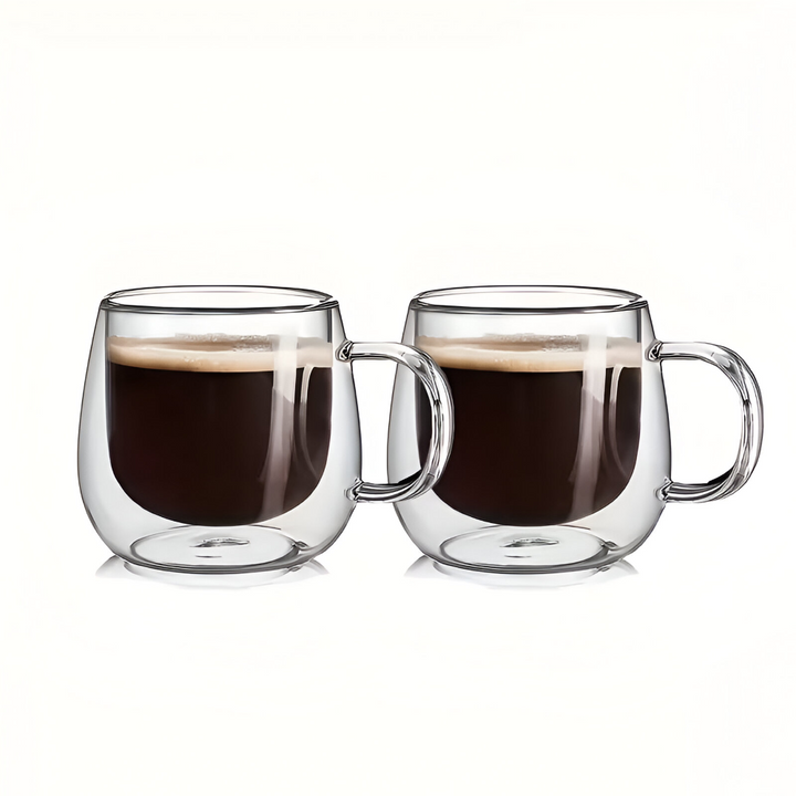 Dubbelväggiga kaffekoppar i borosilikatglas, perfekt för att hålla drycker varma eller kalla.
