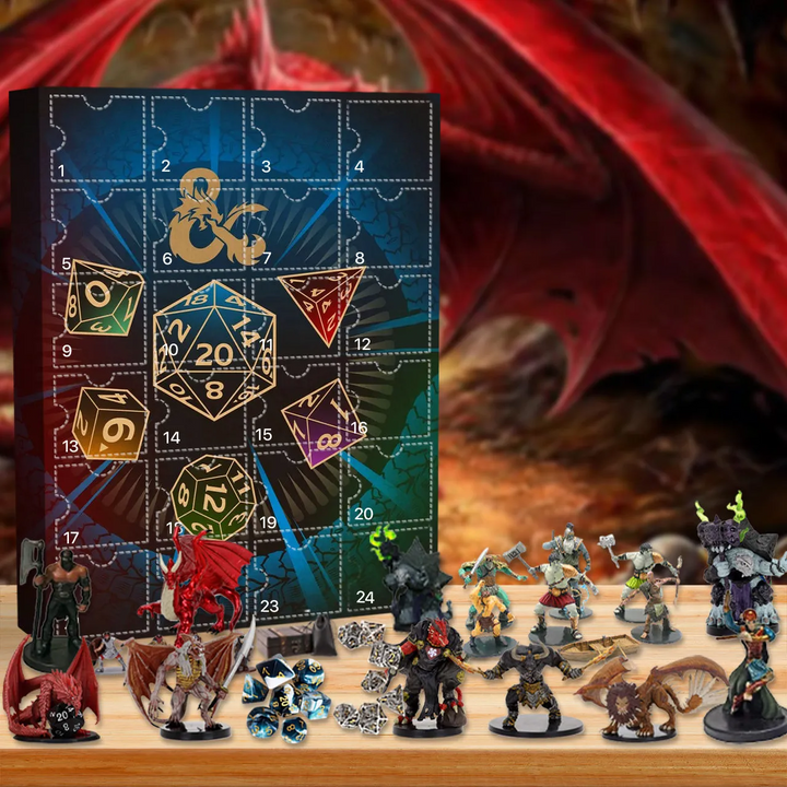 "Dungeons & Dragons Adventskalender 2024, 24 luckor med unika prydnader, mystiskt speltema, perfekt för samlare och fans."