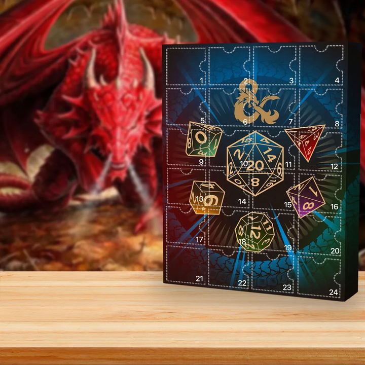 "Dungeons & Dragons Adventskalender 2024, 24 luckor med unika prydnader, mystiskt speltema, perfekt för samlare och fans."