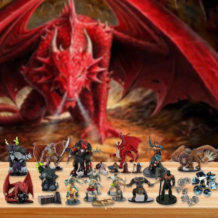 "Dungeons & Dragons Adventskalender 2024, 24 luckor med unika prydnader, mystiskt speltema, perfekt för samlare och fans."