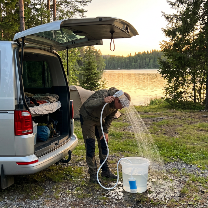 Portabel utedusch för camping och friluftsliv mot naturfond