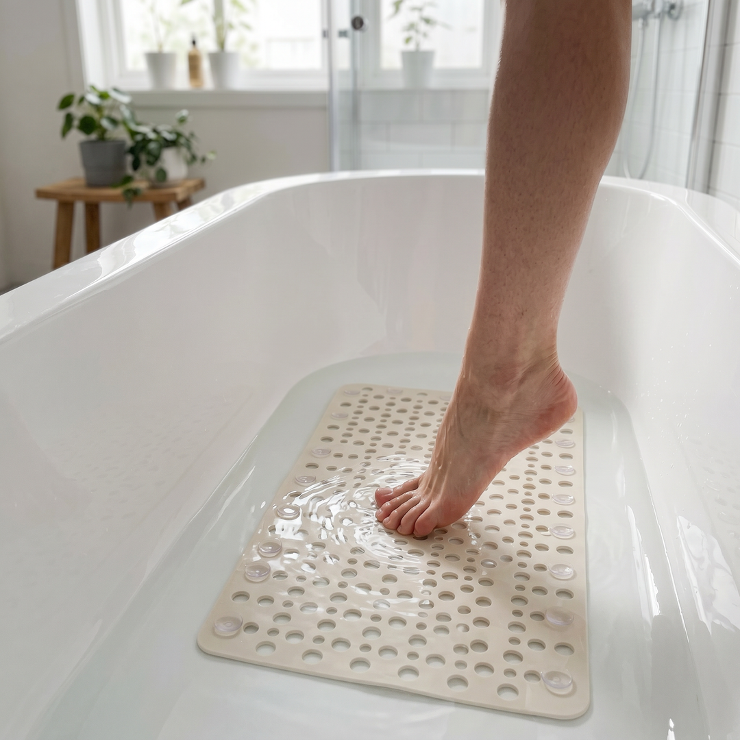 Fot på ljus beiga antislip duschmatta i badkar
