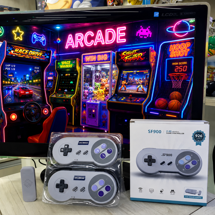 Trådlösa retro handkontroller och mottagare framför en skärm