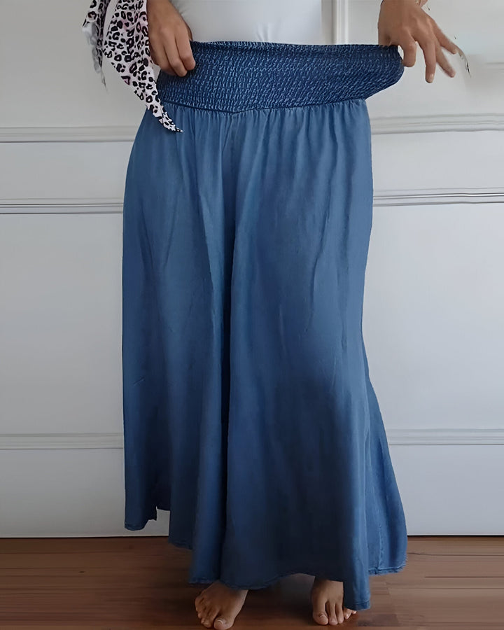 Närbild på smockad midja och vida byxben i blått