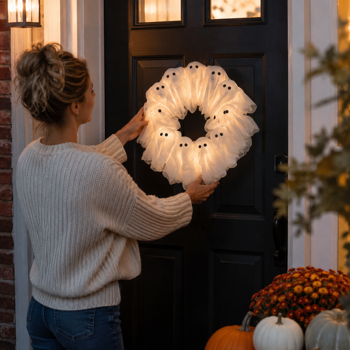 Lysande halloweenkrans med vita spöken och varm belysning för dörr