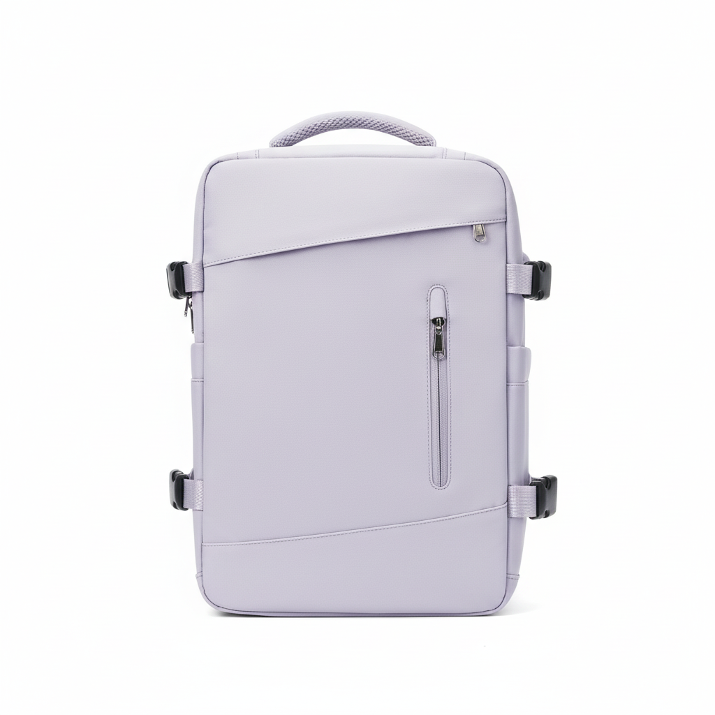 EasyCarry kabinryggsäck, öppnad för att visa organiserade fack för kläder, skor och laptop. Smart reseväska.
