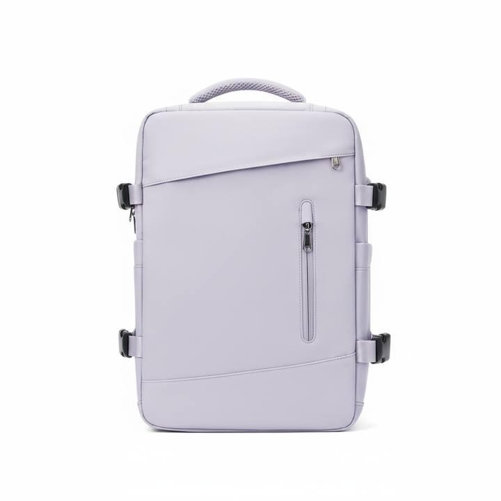 EasyCarry kabinryggsäck, öppnad för att visa organiserade fack för kläder, skor och laptop. Smart reseväska.