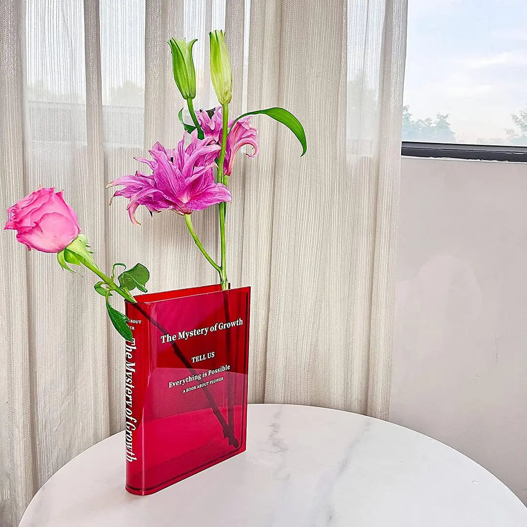 Genomskinlig akrylvas för blommor med elegant bokdesign
