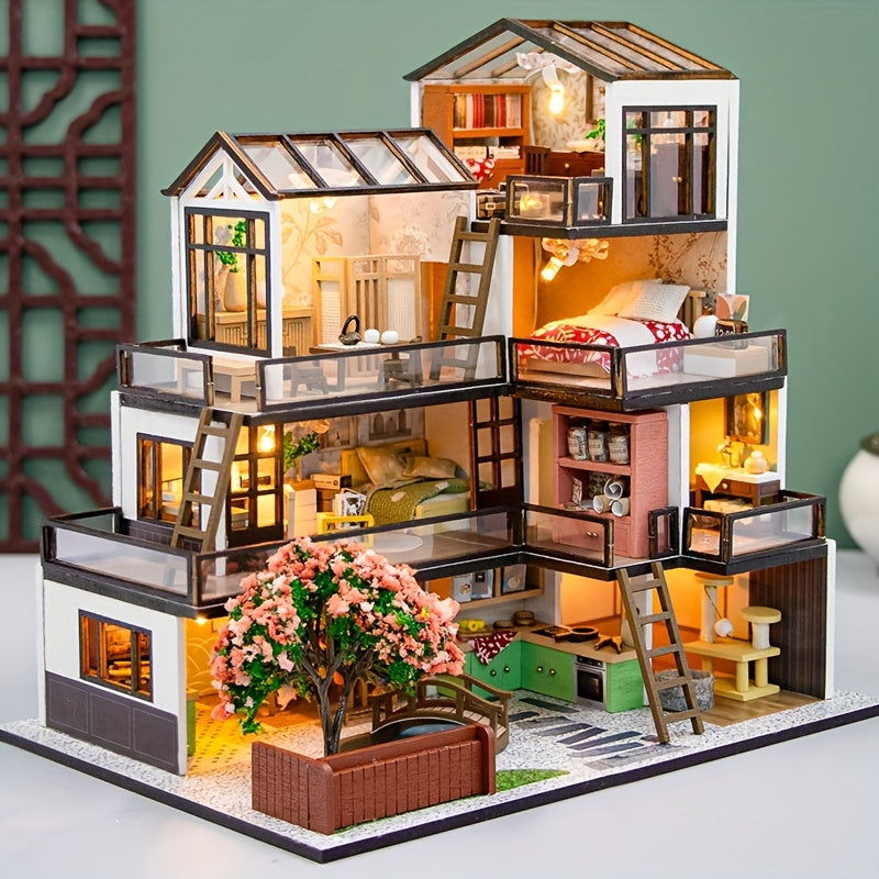 Närbild på detaljerade möbler och inredning till DIY miniatyrvilla 3D pussel
