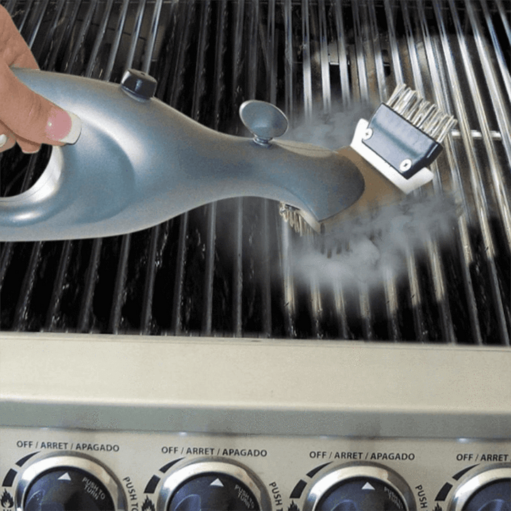 "Effektiv grillborste med ergonomiskt handtag och ångrengöring för ren grill, hållbar i rostfritt stål, köksredskap."