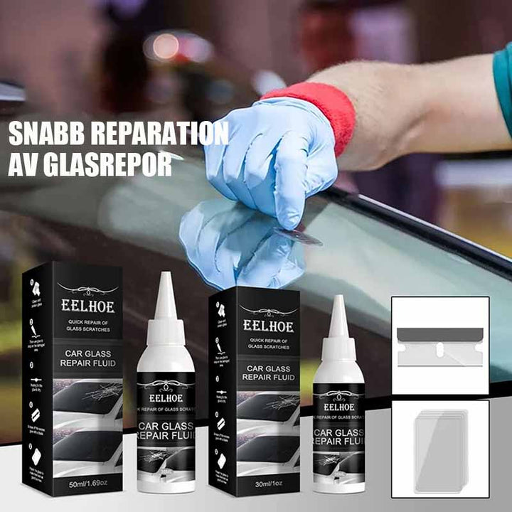 "Effektiv reparationsvätska för bilvindruta appliceras på liten spricka, eliminerar skador med enkelhet, utan extra verktyg."