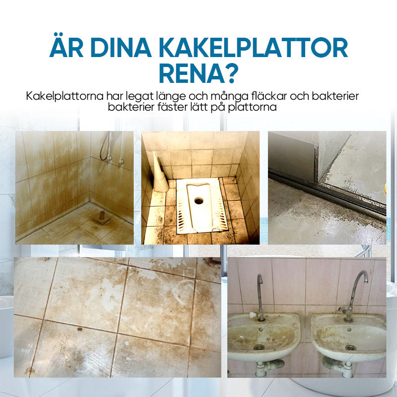 "Effektivt kakel- och fogrengöringsspray, frostat sprayflaska med blå etikett, för fläckfri rengöring av kakel och fogar"
