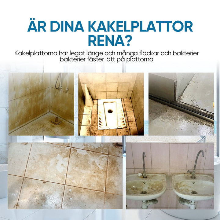 "Effektivt kakel- och fogrengöringsspray, frostat sprayflaska med blå etikett, för fläckfri rengöring av kakel och fogar"