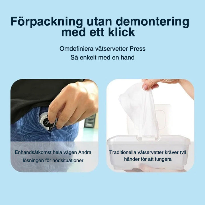 Ekologiska, alkoholfria handservetter, designade för resor, ej förfuktade, runda vita i kompakt plastförpackning.