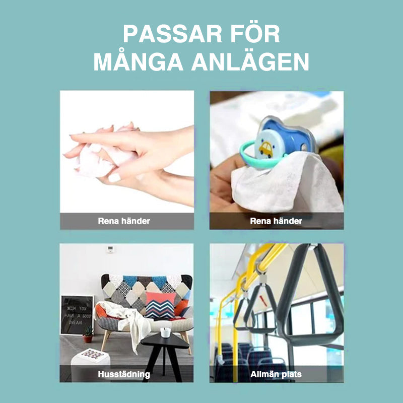 Ekologiska, alkoholfria handservetter, designade för resor, ej förfuktade, runda vita i kompakt plastförpackning.
