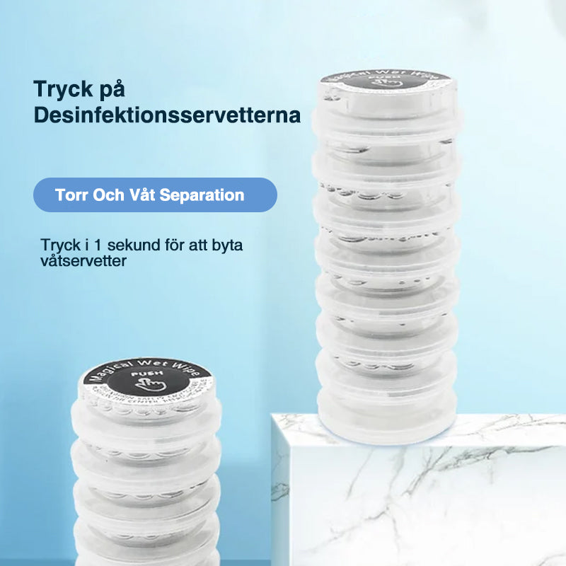 Ekologiska, alkoholfria handservetter, designade för resor, ej förfuktade, runda vita i kompakt plastförpackning.