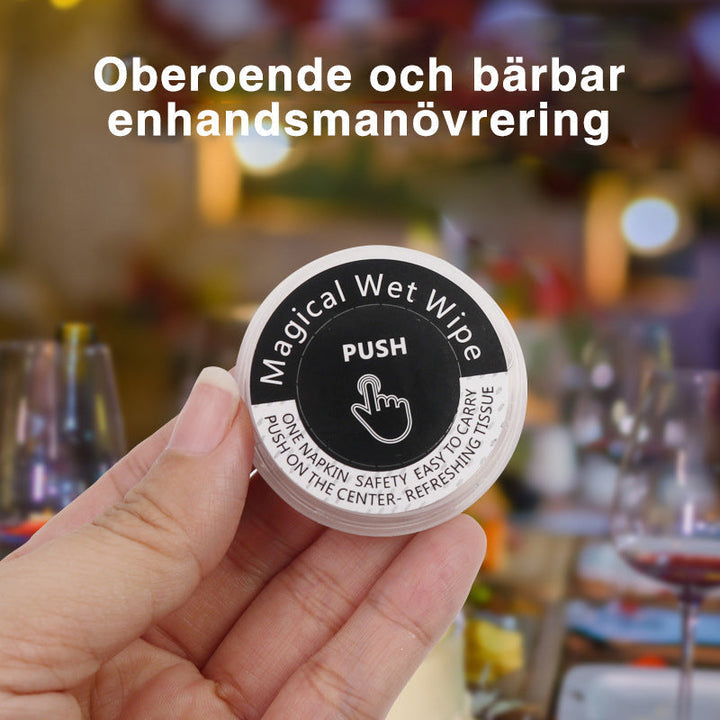 Ekologiska, alkoholfria handservetter, designade för resor, ej förfuktade, runda vita i kompakt plastförpackning.