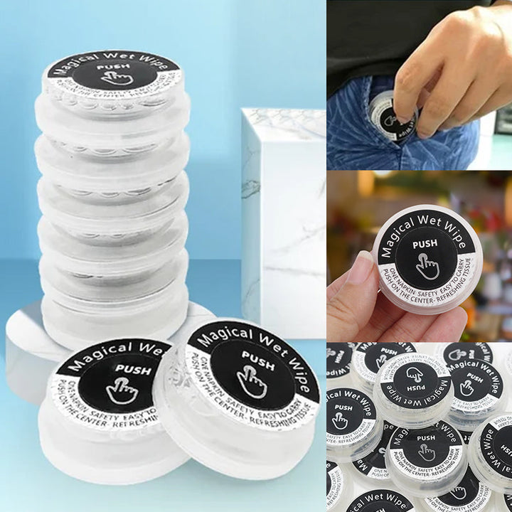 Ekologiska, alkoholfria handservetter, designade för resor, ej förfuktade, runda vita i kompakt plastförpackning.