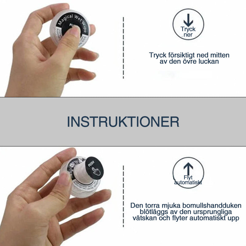 Ekologiska, alkoholfria handservetter, designade för resor, ej förfuktade, runda vita i kompakt plastförpackning.