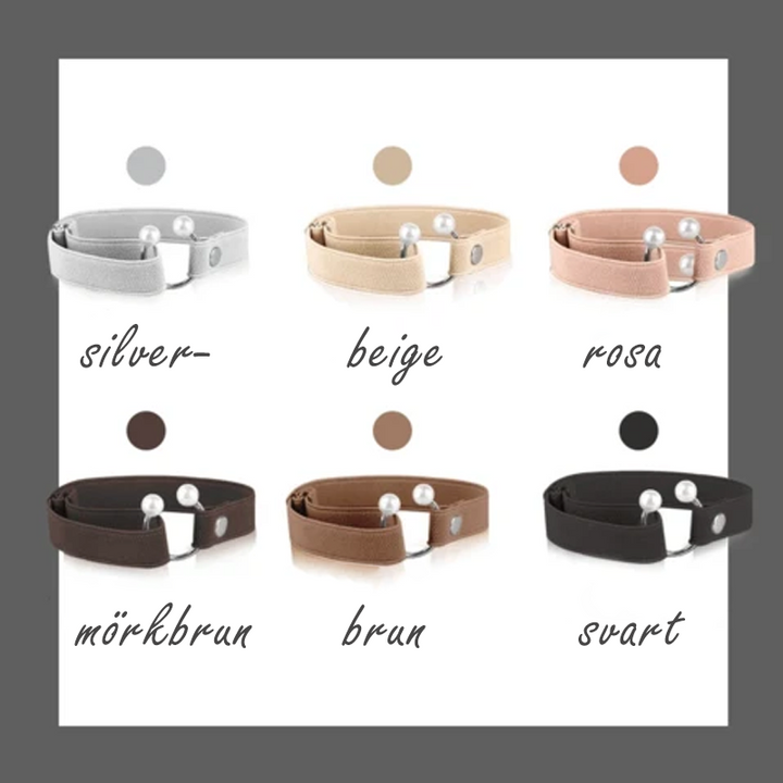 "Elastiskt pärlband för klackskor i beige och silver, justerbart med pärlknappslås, unisex accessoar för elegans och stöd."