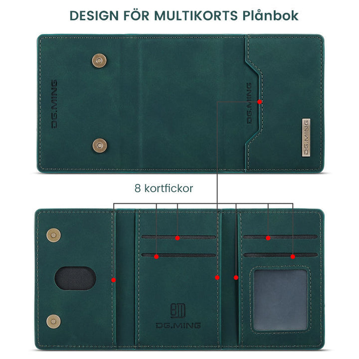 "Elegant 2-i-1 läderplånboksfodral för smartphones, frontvy. Stil, funktion, åtta kortplatser, magnetiskt säker."